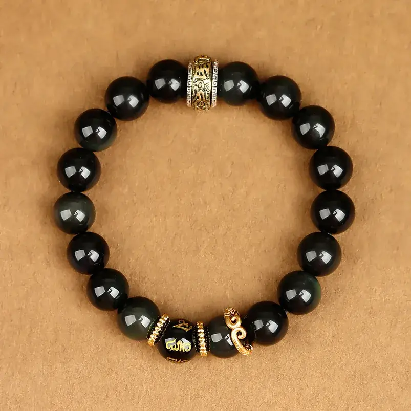 Black Gold Silver Obsidian Red Agate Bracelet for Men Women - Image 2