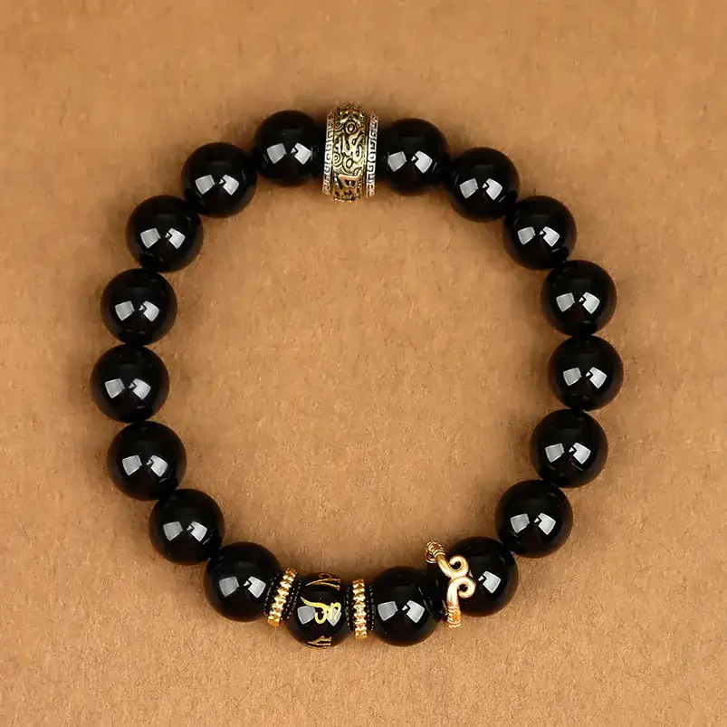 Black Gold Silver Obsidian Red Agate Bracelet for Men Women - Image 3
