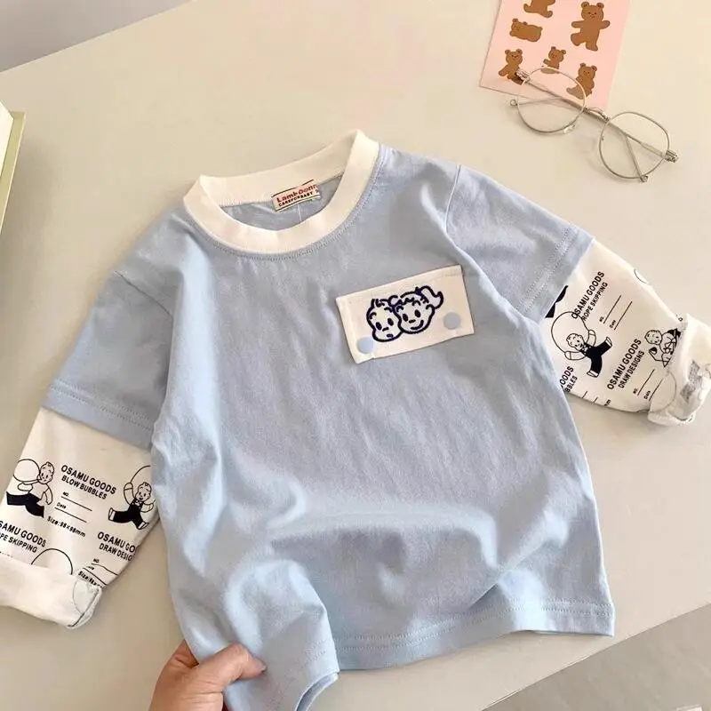 Light Blue Faux Two-Piece T-Shirt for Boys Spring Autumn Wear - Image 2
