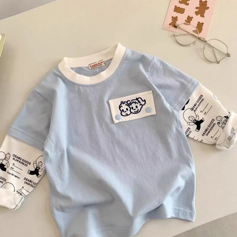 Light Blue Faux Two-Piece T-Shirt for Boys Spring Autumn Wear - Image 3