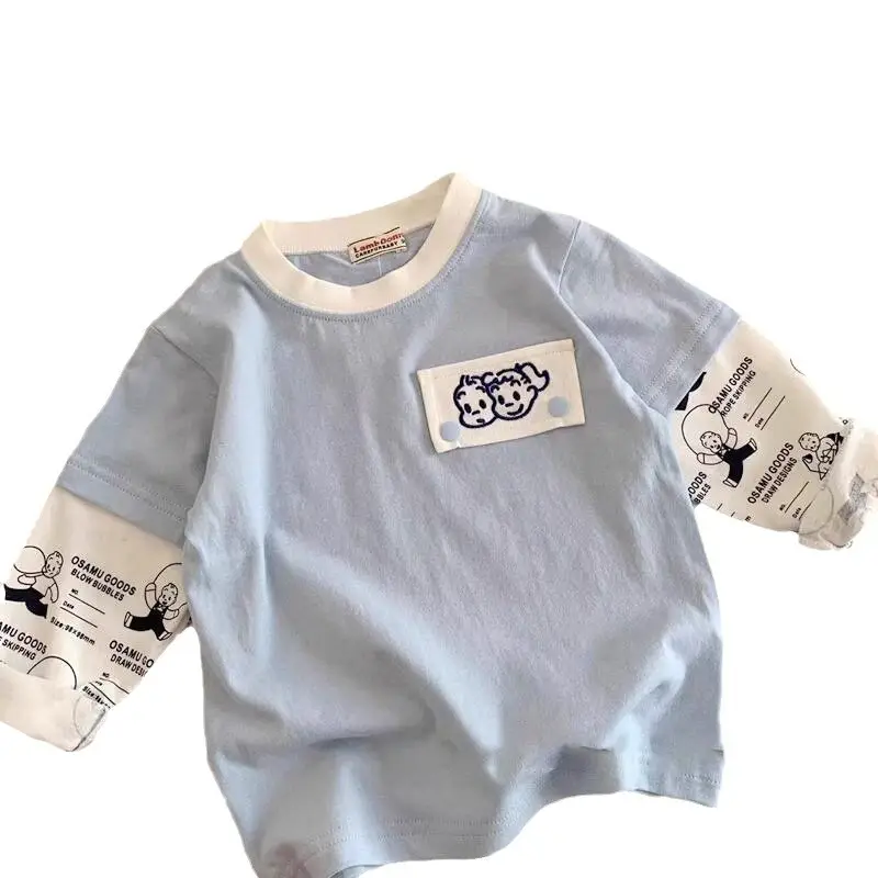 Light Blue Faux Two-Piece T-Shirt for Boys Spring Autumn Wear - Image 6