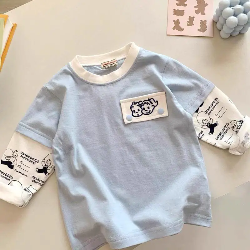 Light Blue Faux Two-Piece T-Shirt for Boys Spring Autumn Wear — feature 16