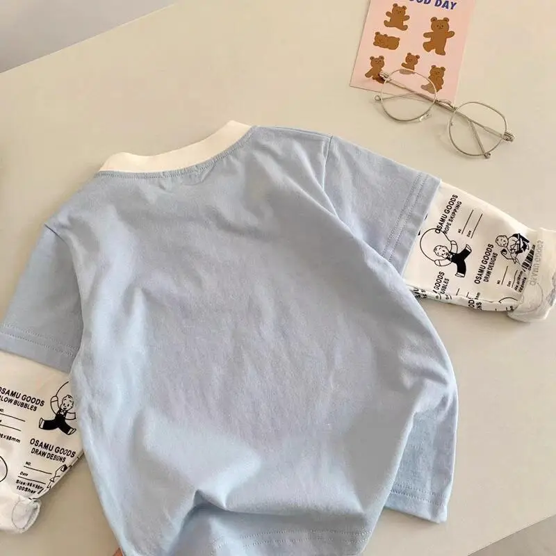 Light Blue Faux Two-Piece T-Shirt for Boys Spring Autumn Wear — feature 17
