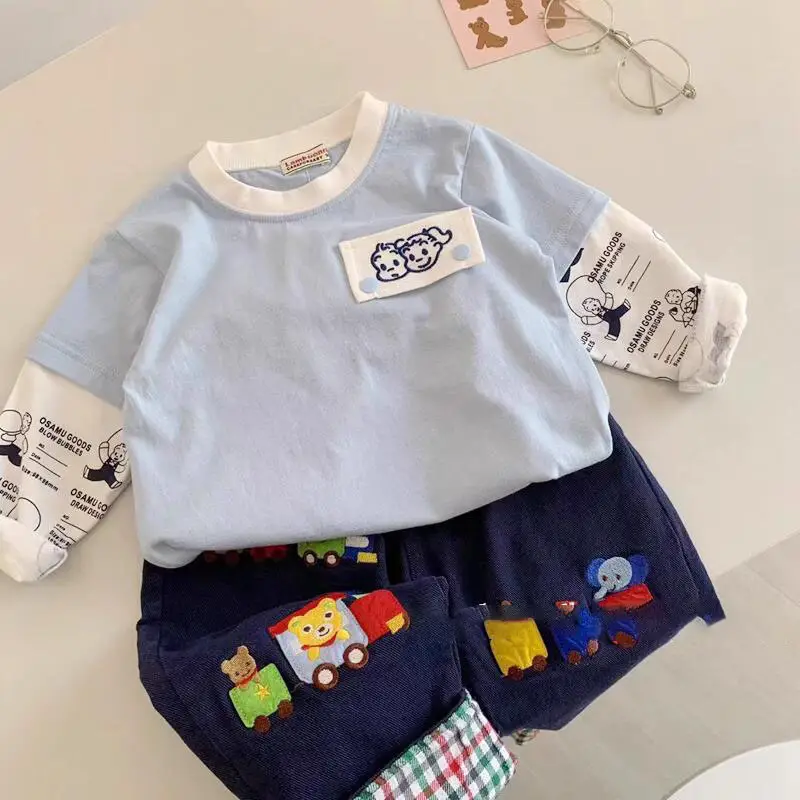 Light Blue Faux Two-Piece T-Shirt for Boys Spring Autumn Wear — feature 18