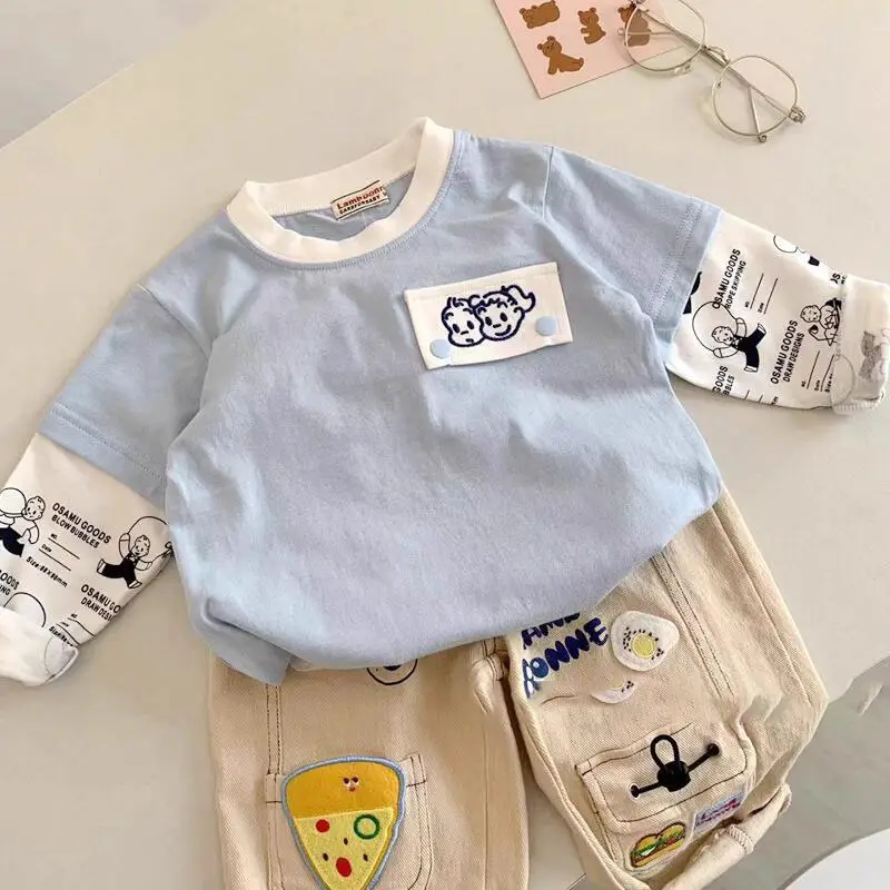 Light Blue Faux Two-Piece T-Shirt for Boys Spring Autumn Wear — feature 19