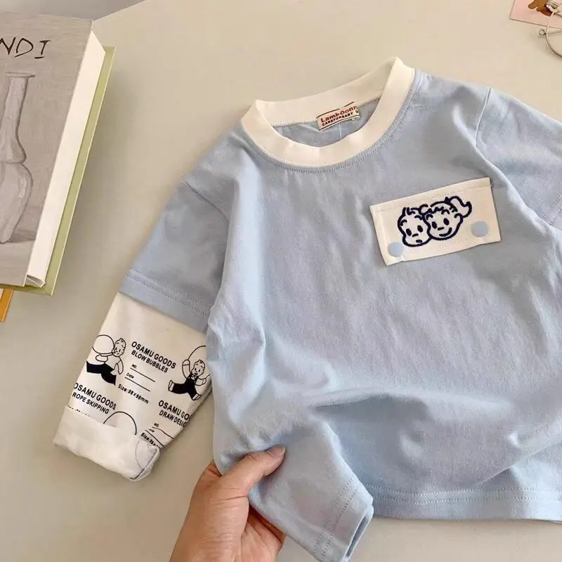 Light Blue Faux Two-Piece T-Shirt for Boys Spring Autumn Wear — feature 9