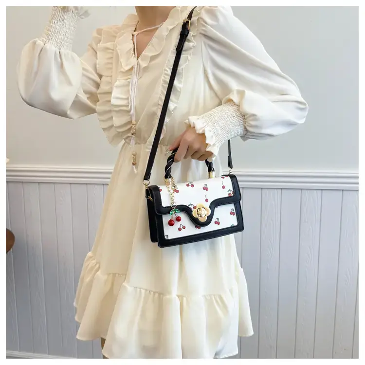 Cute Cherry Print Shoulder Crossbody Bag White Black — feature 15