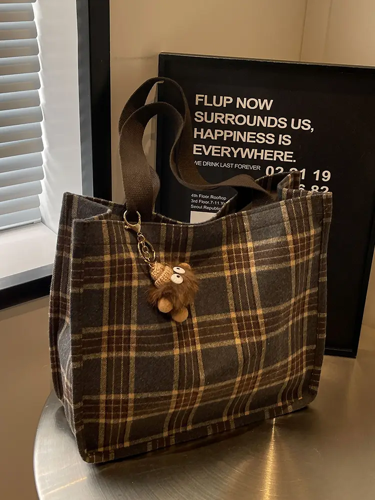 Women Plaid Canvas Tote Bag 2024 New Commuter Green Gray - Image 11