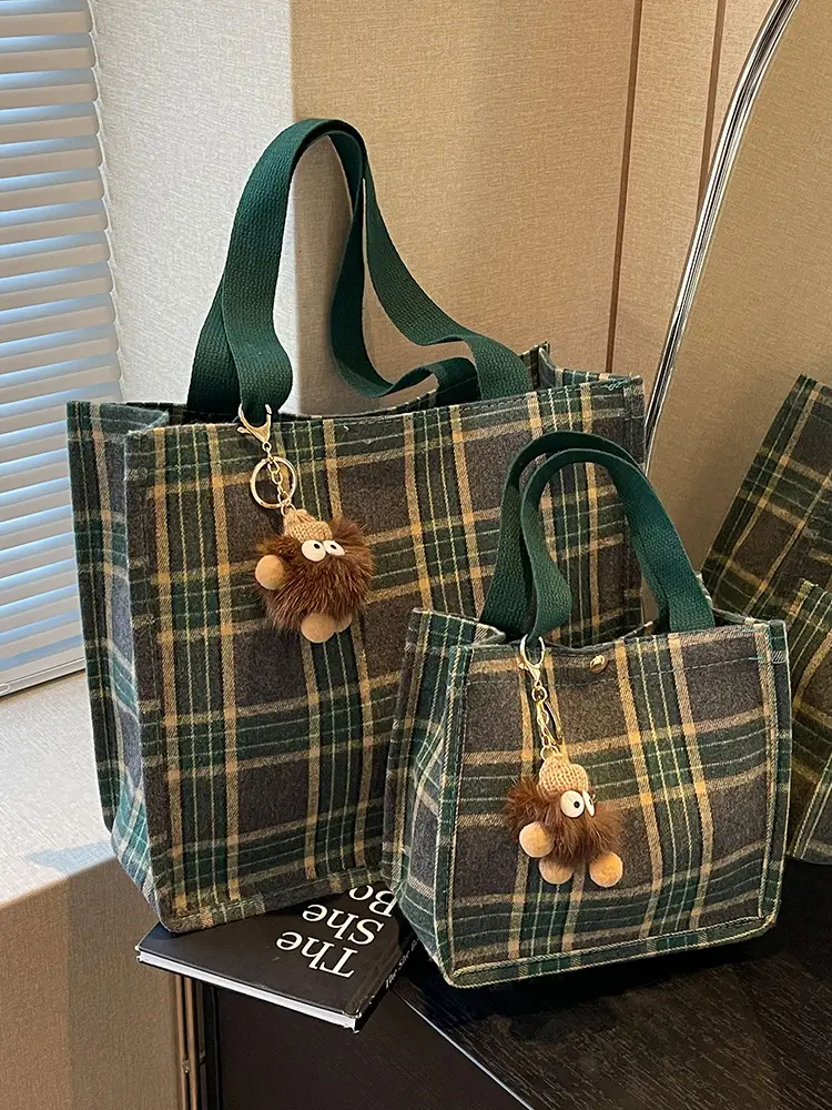 Women Plaid Canvas Tote Bag 2024 New Commuter Green Gray - Image 14