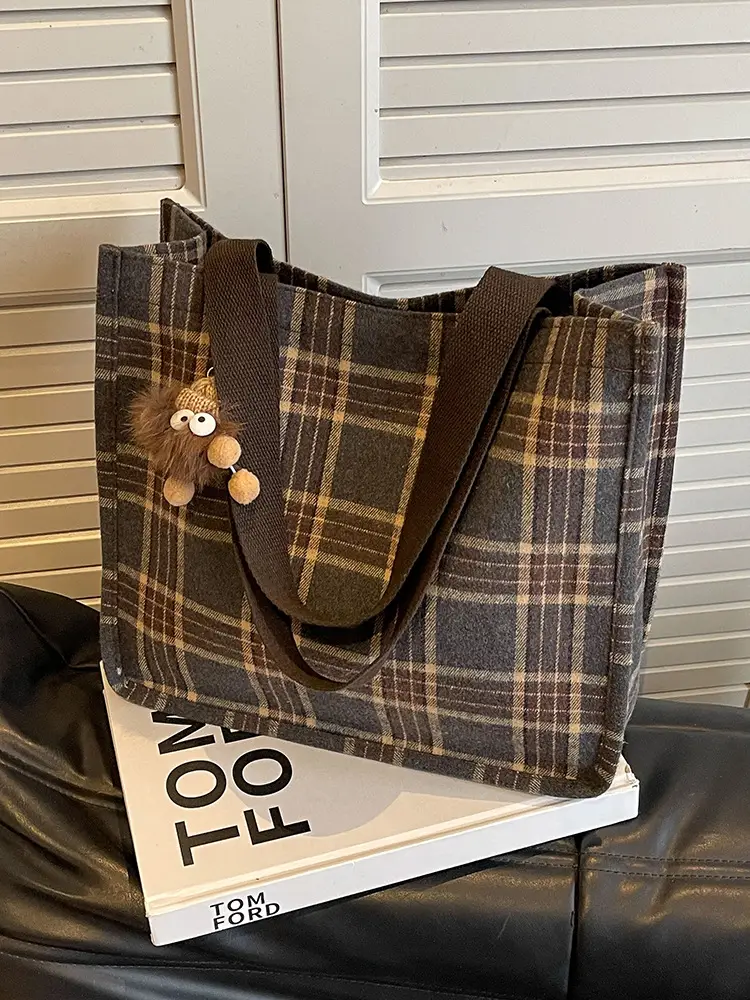 Women Plaid Canvas Tote Bag 2024 New Commuter Green Gray - Image 15