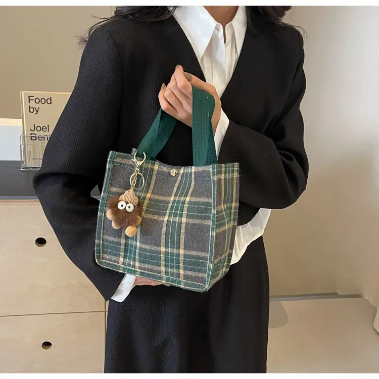 Women Plaid Canvas Tote Bag 2024 New Commuter Green Gray — feature 11
