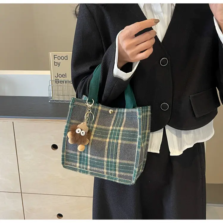 Women Plaid Canvas Tote Bag 2024 New Commuter Green Gray — feature 12