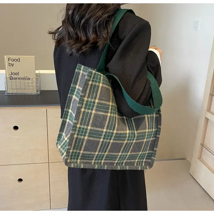Women Plaid Canvas Tote Bag 2024 New Commuter Green Gray — feature 14