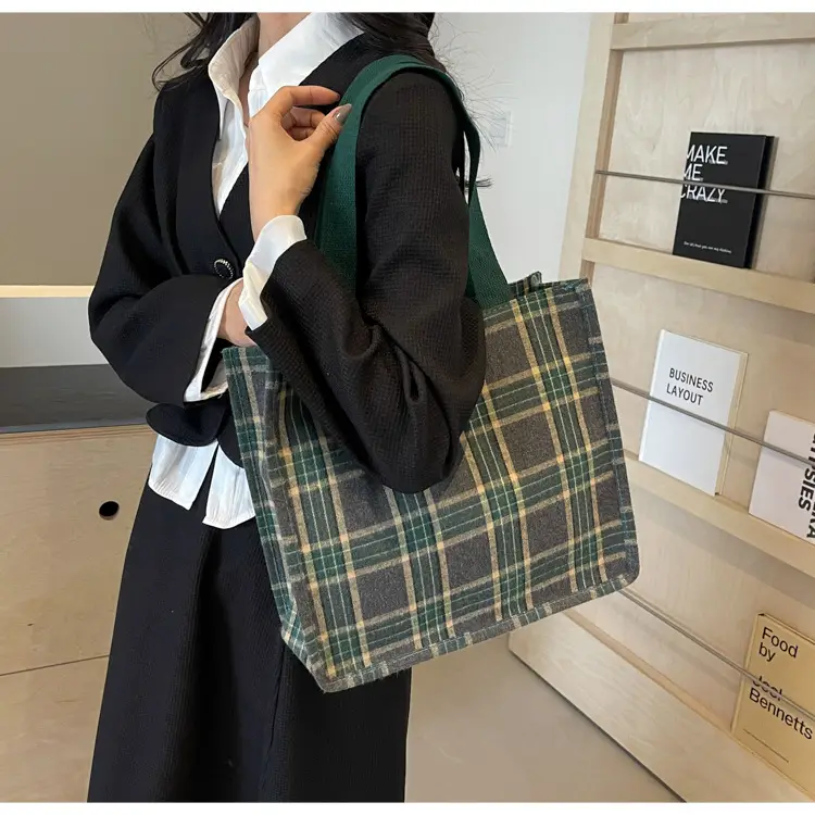 Women Plaid Canvas Tote Bag 2024 New Commuter Green Gray — feature 15