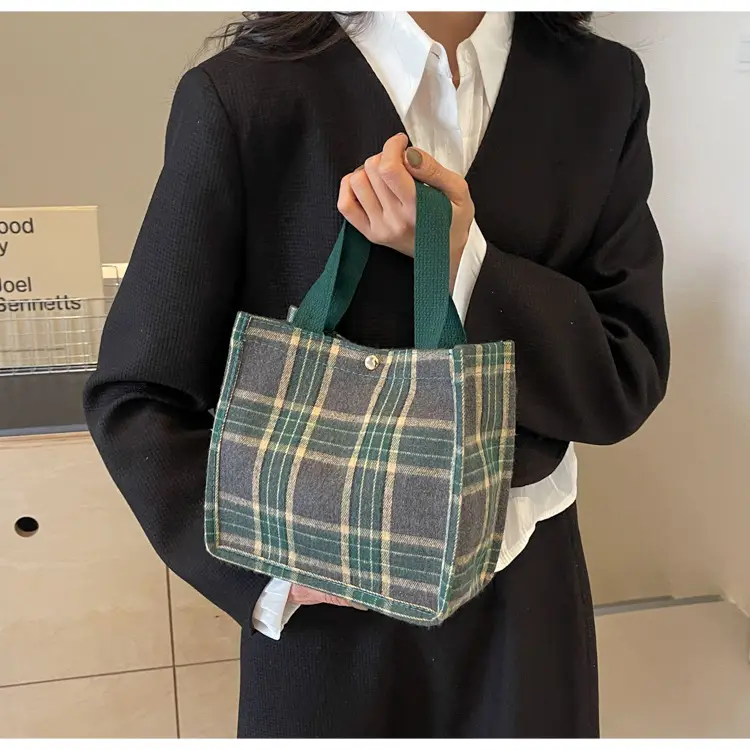 Women Plaid Canvas Tote Bag 2024 New Commuter Green Gray — feature 16