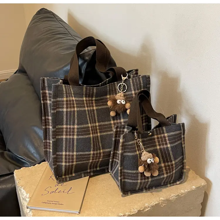 Women Plaid Canvas Tote Bag 2024 New Commuter Green Gray — feature 18