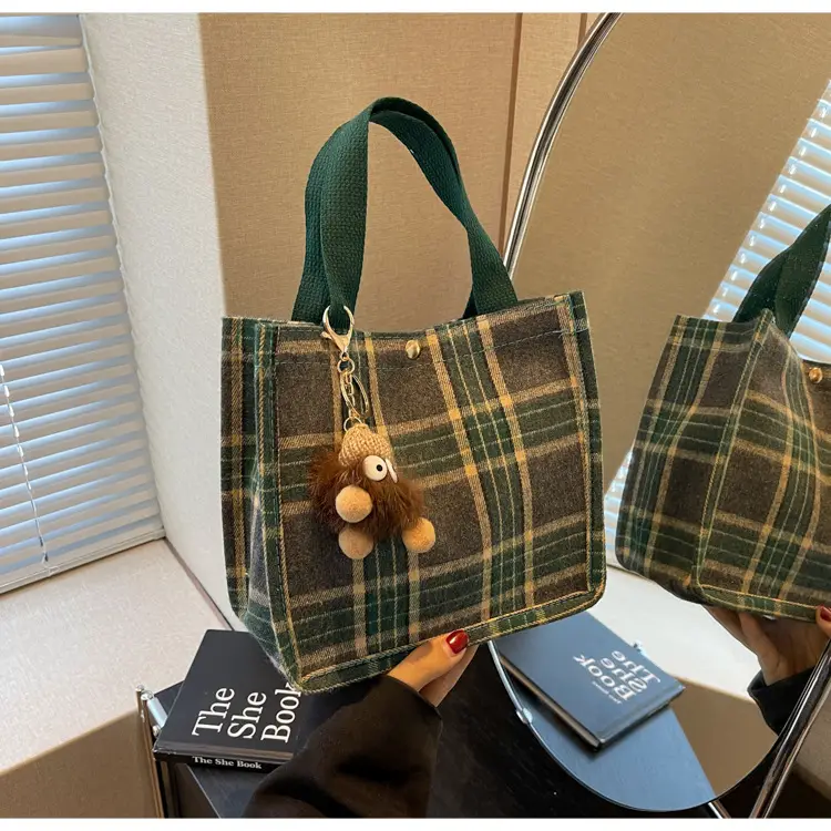 Women Plaid Canvas Tote Bag 2024 New Commuter Green Gray — feature 19