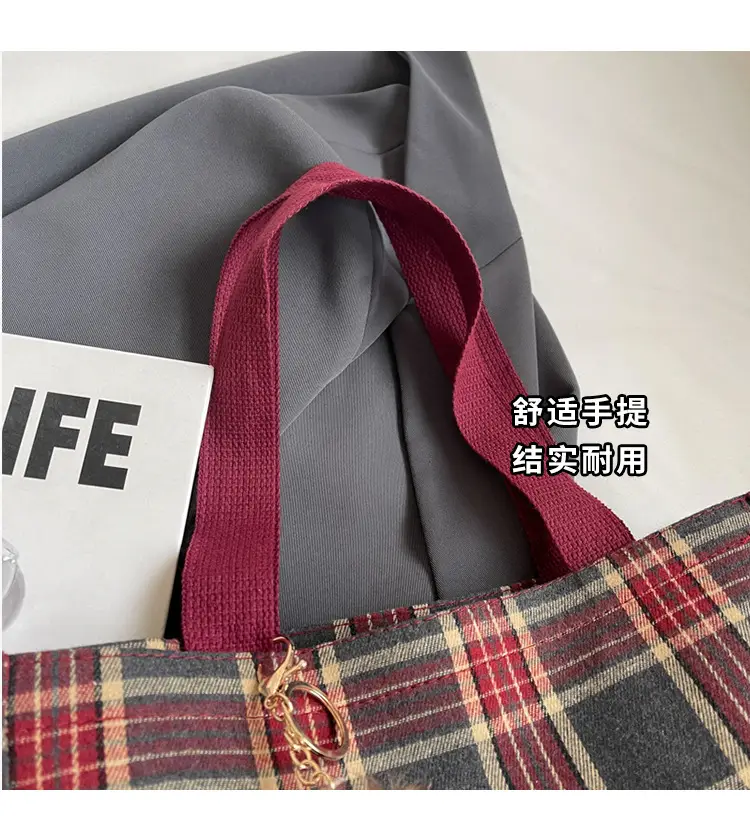 Women Plaid Canvas Tote Bag 2024 New Commuter Green Gray — feature 2