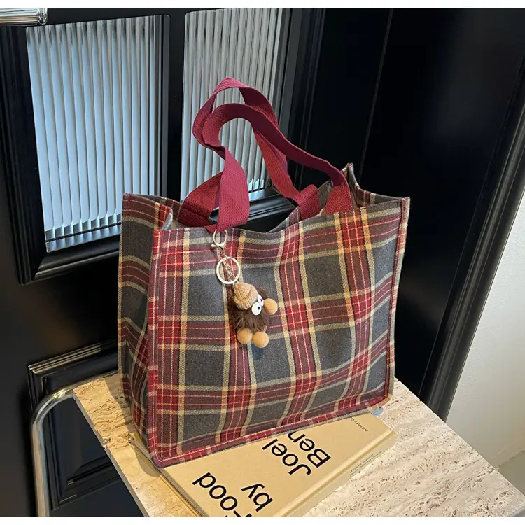 Women Plaid Canvas Tote Bag 2024 New Commuter Green Gray — feature 20