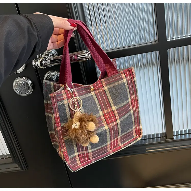 Women Plaid Canvas Tote Bag 2024 New Commuter Green Gray — feature 21