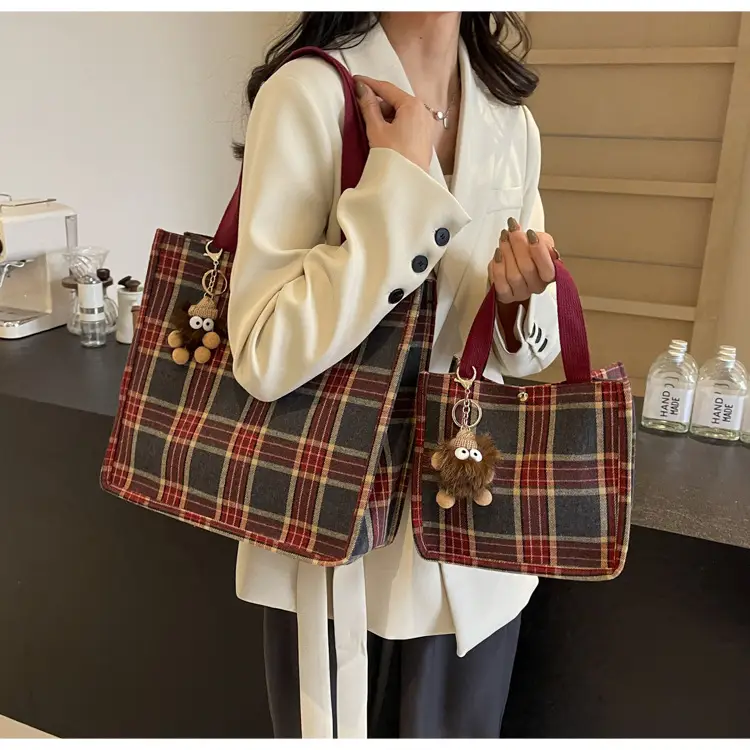 Women Plaid Canvas Tote Bag 2024 New Commuter Green Gray — feature 22