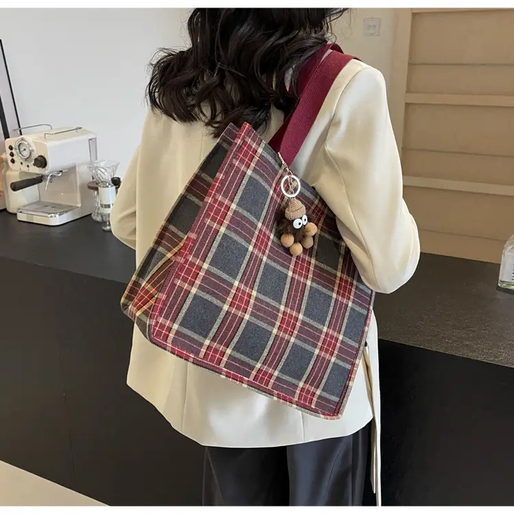 Women Plaid Canvas Tote Bag 2024 New Commuter Green Gray — feature 23