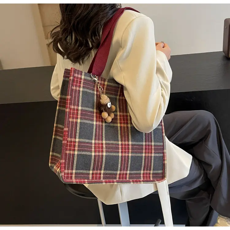 Women Plaid Canvas Tote Bag 2024 New Commuter Green Gray — feature 25