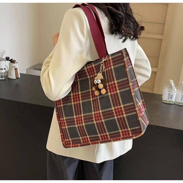Women Plaid Canvas Tote Bag 2024 New Commuter Green Gray — feature 26