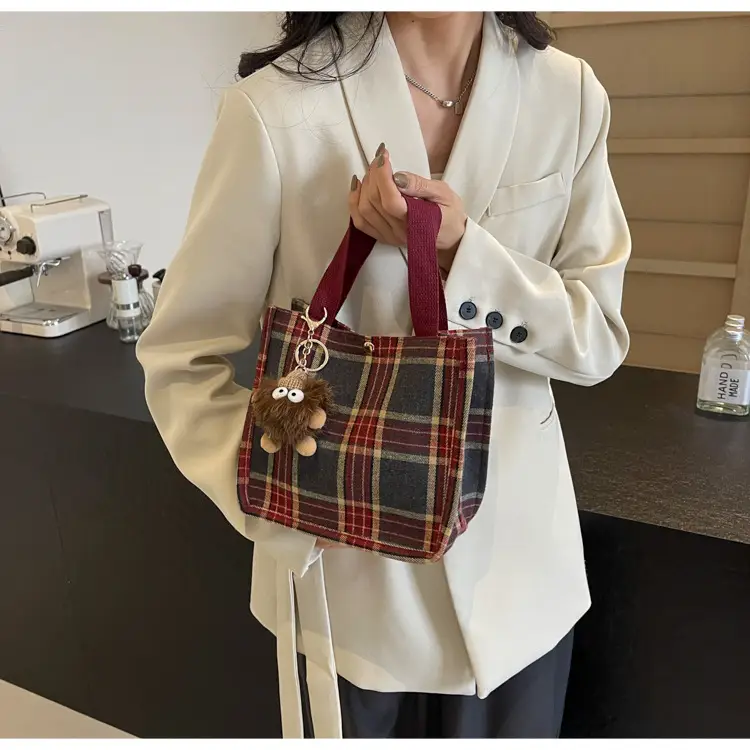 Women Plaid Canvas Tote Bag 2024 New Commuter Green Gray — feature 27
