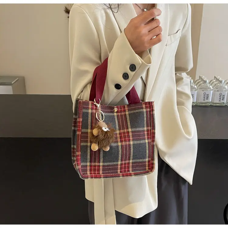 Women Plaid Canvas Tote Bag 2024 New Commuter Green Gray — feature 28