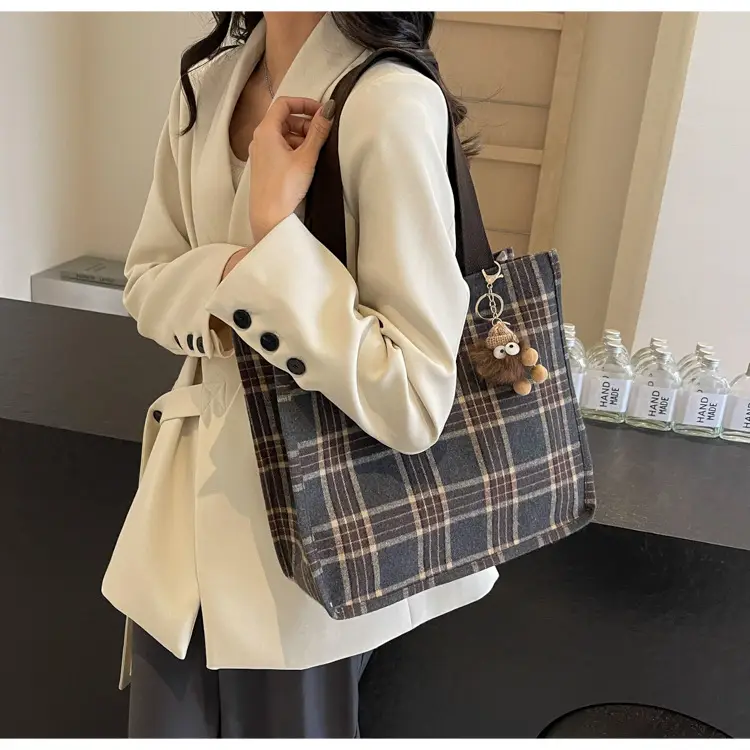 Women Plaid Canvas Tote Bag 2024 New Commuter Green Gray — feature 30