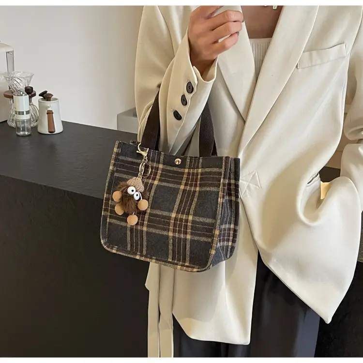 Women Plaid Canvas Tote Bag 2024 New Commuter Green Gray — feature 32