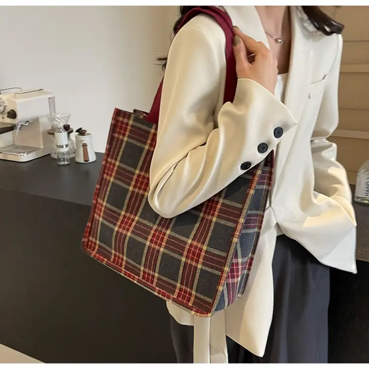 Women Plaid Canvas Tote Bag 2024 New Commuter Green Gray — feature 33