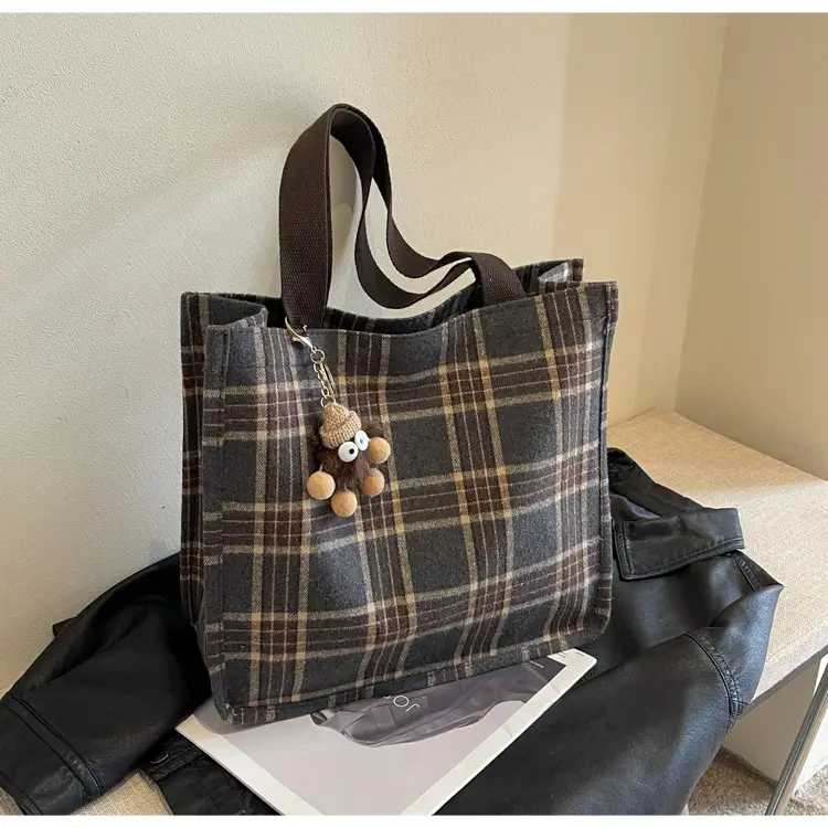 Women Plaid Canvas Tote Bag 2024 New Commuter Green Gray — feature 35