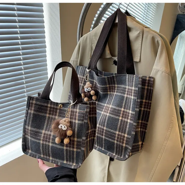 Women Plaid Canvas Tote Bag 2024 New Commuter Green Gray — feature 36