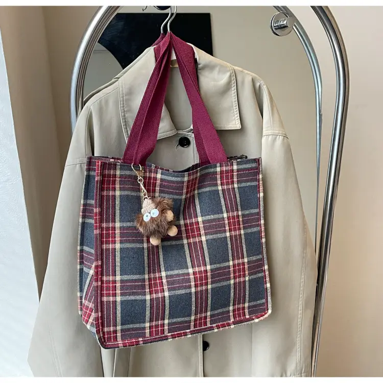 Women Plaid Canvas Tote Bag 2024 New Commuter Green Gray — feature 37