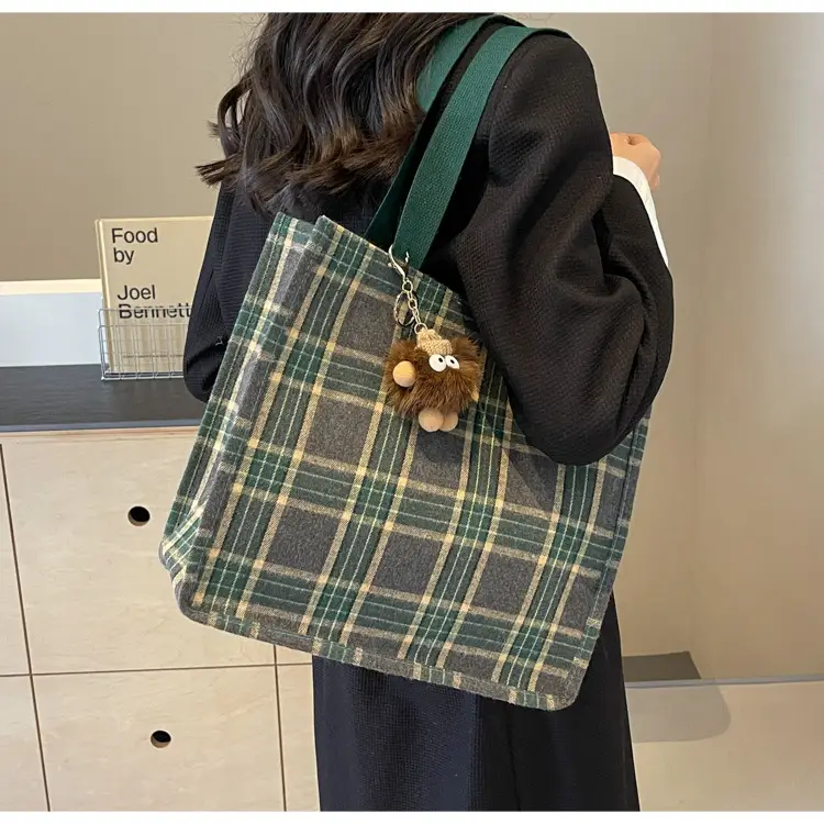 Women Plaid Canvas Tote Bag 2024 New Commuter Green Gray — feature 7