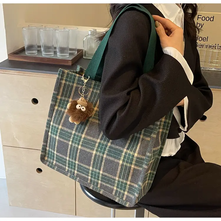 Women Plaid Canvas Tote Bag 2024 New Commuter Green Gray — feature 8