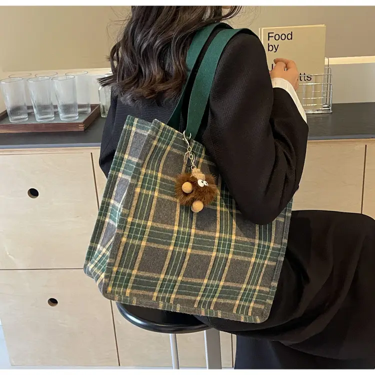 Women Plaid Canvas Tote Bag 2024 New Commuter Green Gray — feature 9
