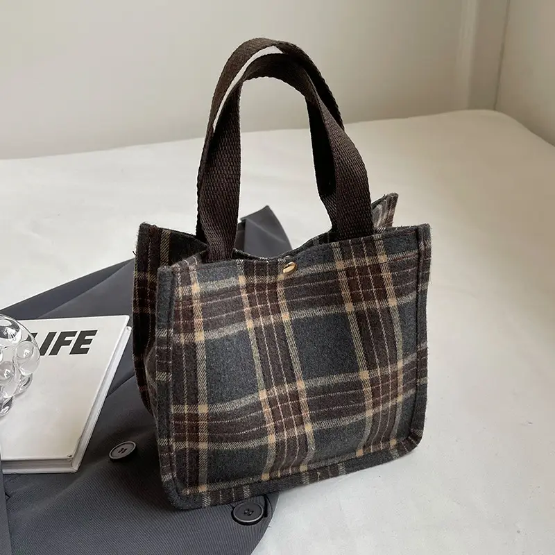 Women Plaid Canvas Tote Bag 2024 New Commuter Green Gray - Image 8