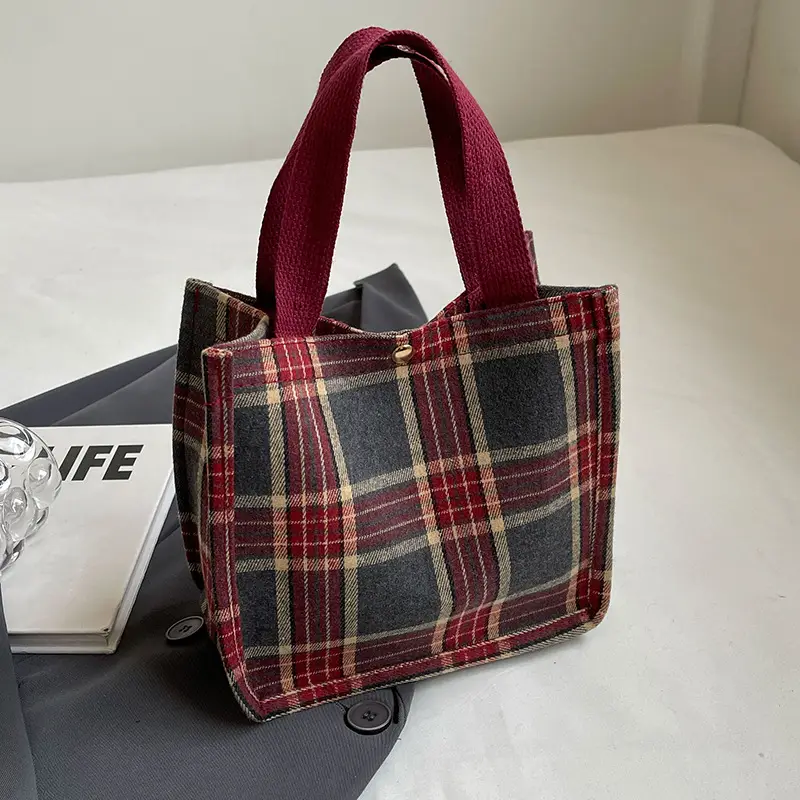Women Plaid Canvas Tote Bag 2024 New Commuter Green Gray - Image 9