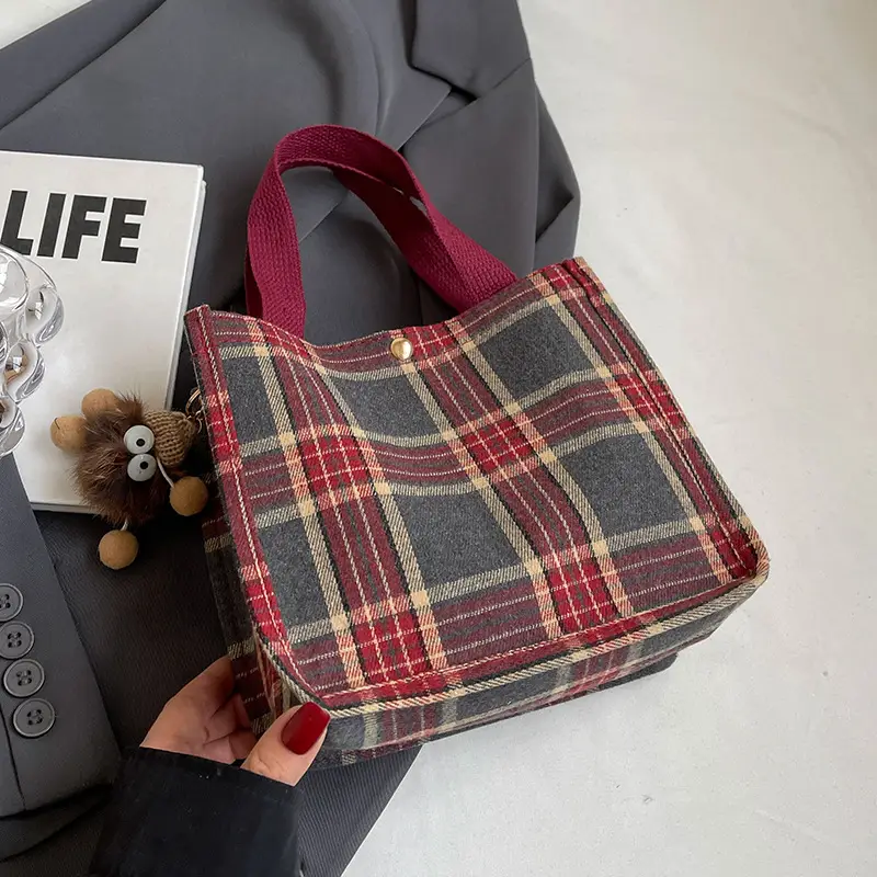 Women Plaid Canvas Tote Bag 2024 New Commuter Green Gray - Image 4