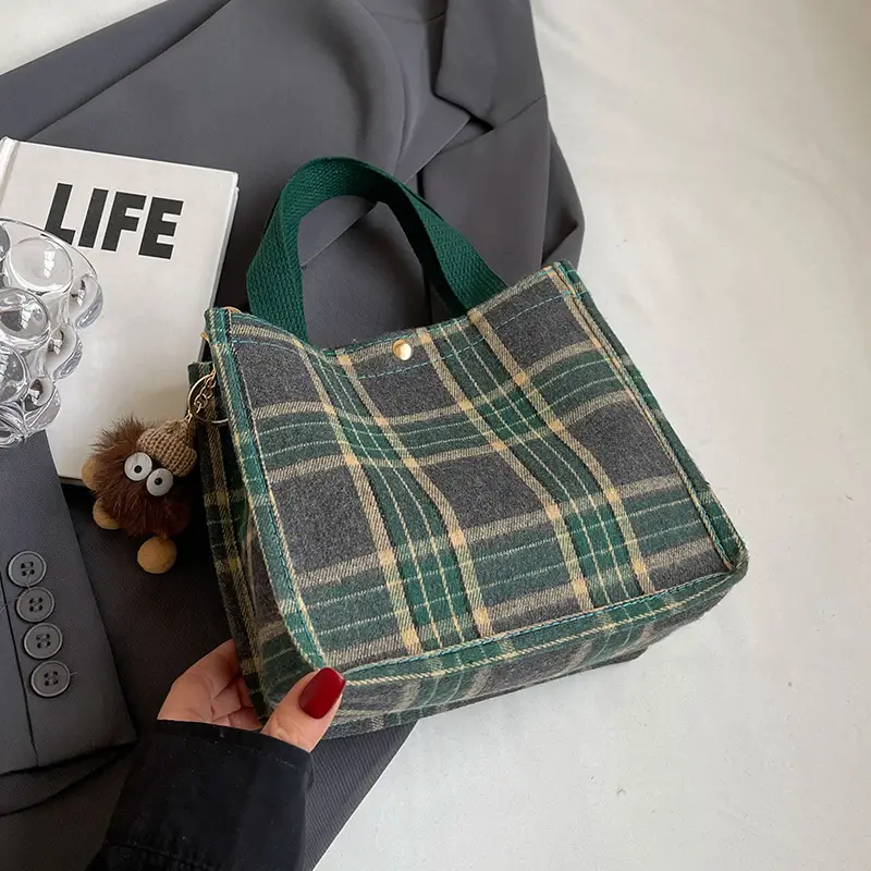 Women Plaid Canvas Tote Bag 2024 New Commuter Green Gray - Image 5