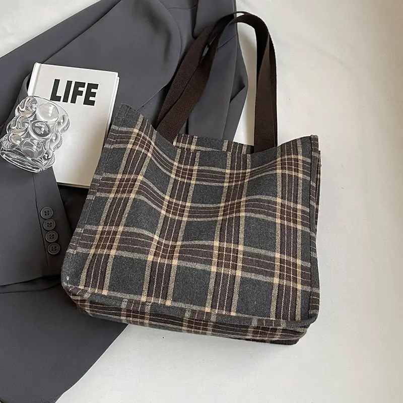 Women Plaid Canvas Tote Bag 2024 New Commuter Green Gray - Image 6