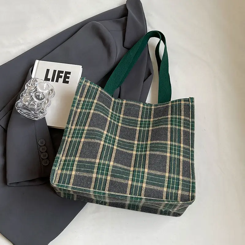 Women Plaid Canvas Tote Bag 2024 New Commuter Green Gray - Image 7