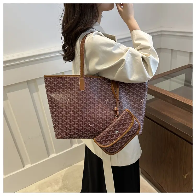 Brown Woven Dog Pattern Commuter Tote Bag for Women — feature 13