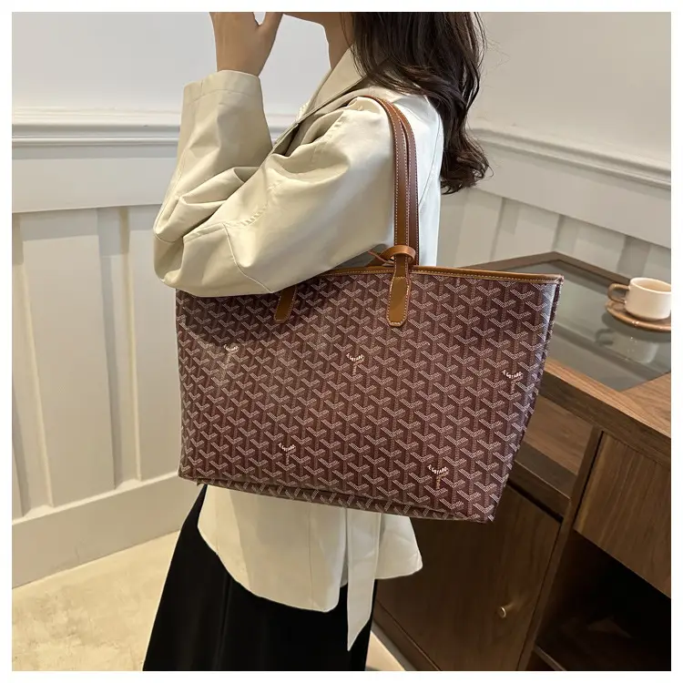 Brown Woven Dog Pattern Commuter Tote Bag for Women — feature 14
