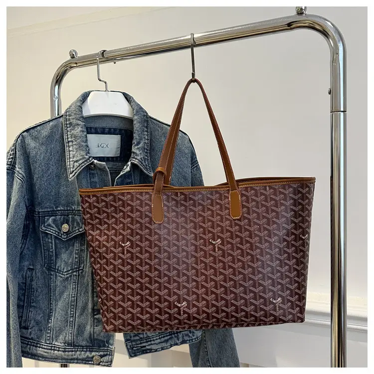 Brown Woven Dog Pattern Commuter Tote Bag for Women — feature 18