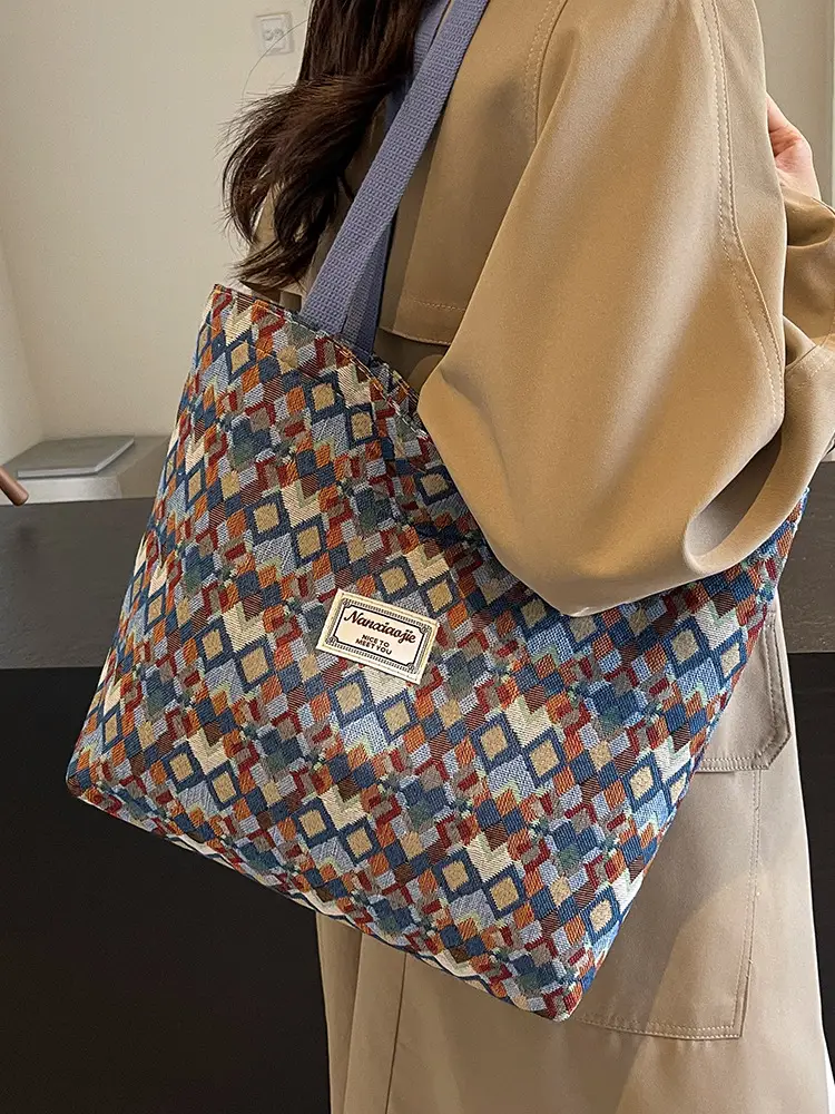 Women's Patterned Canvas Tote Bag Large Capacity Commuter Shoulder Crossbody - Image 6