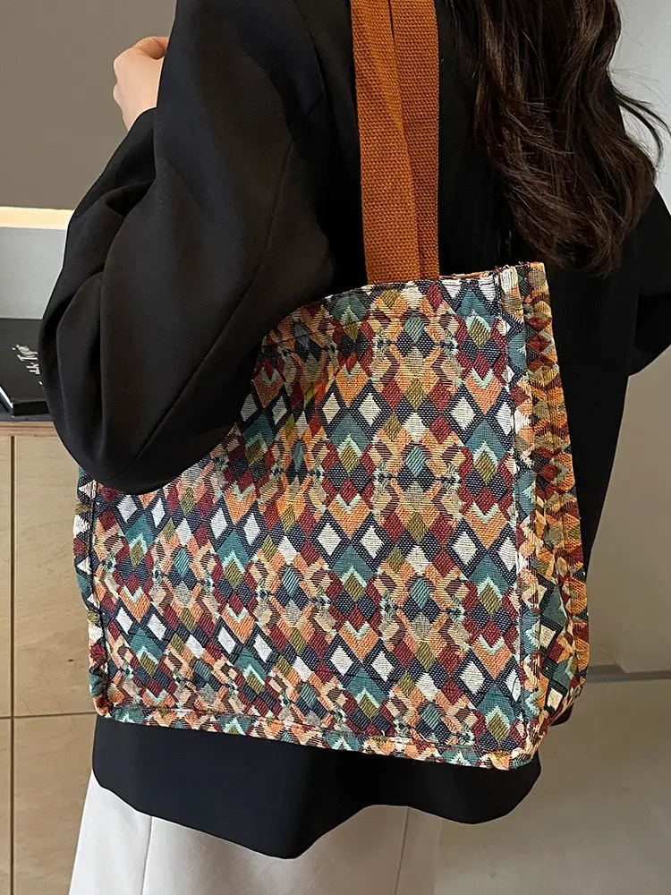 Women's Printed Canvas Tote Bag Large Capacity Brown Green - Image 8